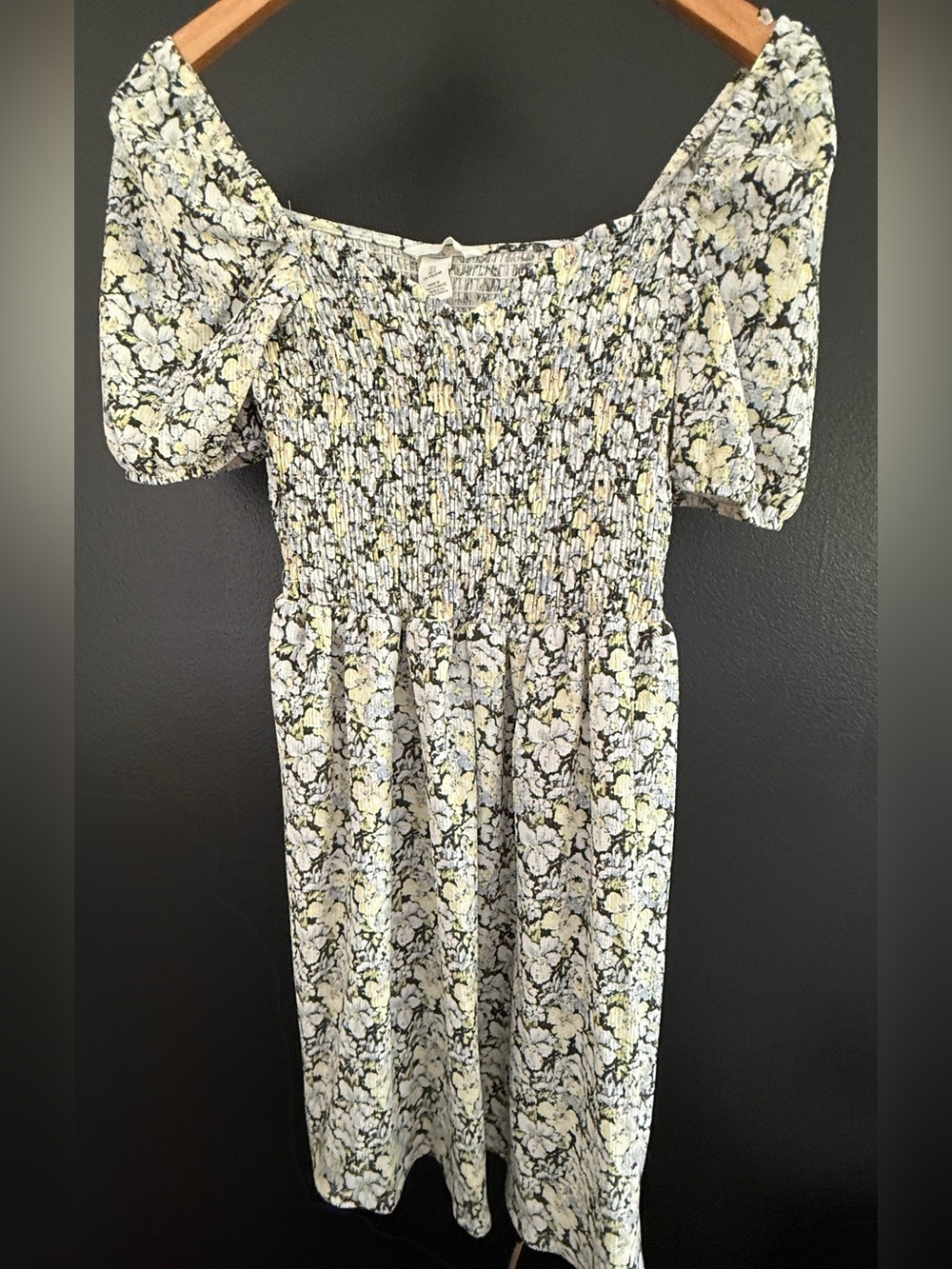 H&M Black Floral Smocked Puff Sleeve Dress with White & Yellow Blooms